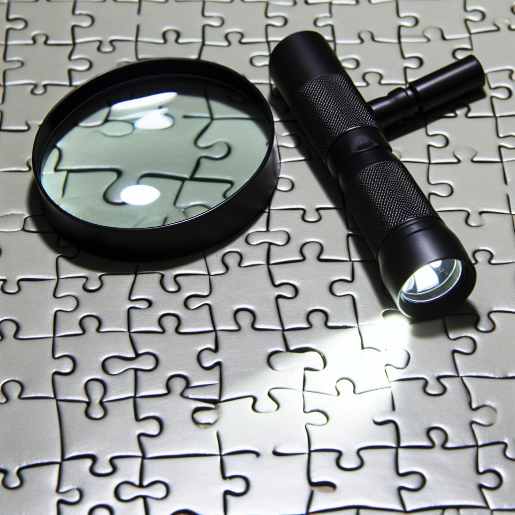 Uma lupa sobre um quebra-cabeça, com uma lanterna iluminando o caminho.